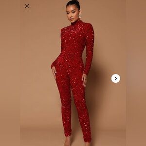 Fashion Nova Dazzling Red Sequin Jumpsuit